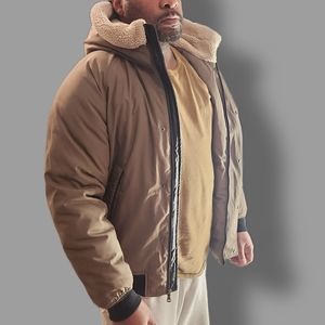 Sean John Men's Bomber Jacket Coat Olive Fleece lined hood size M